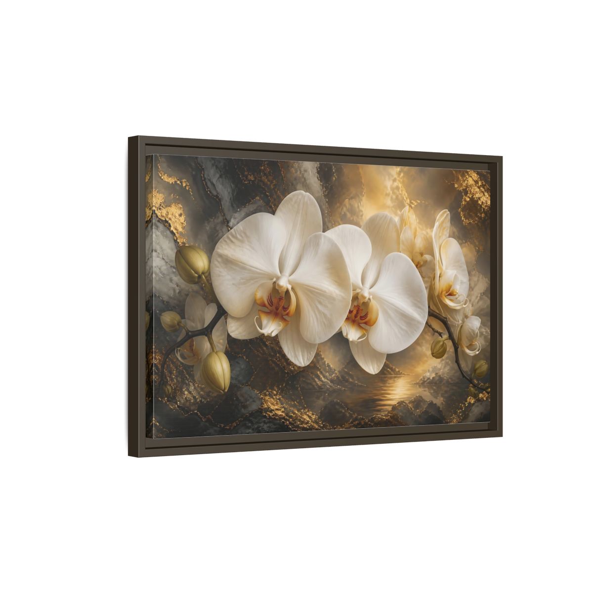 Side Mockup 2. Monumental White Orchid shown as framed canvas print