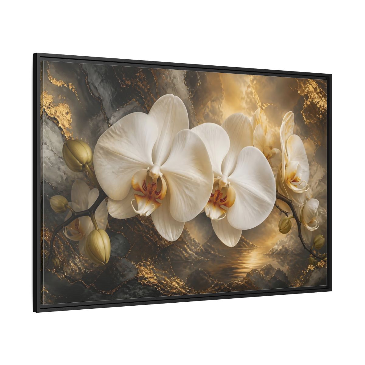 Side Mockup 12. Monumental White Orchid shown as framed canvas print