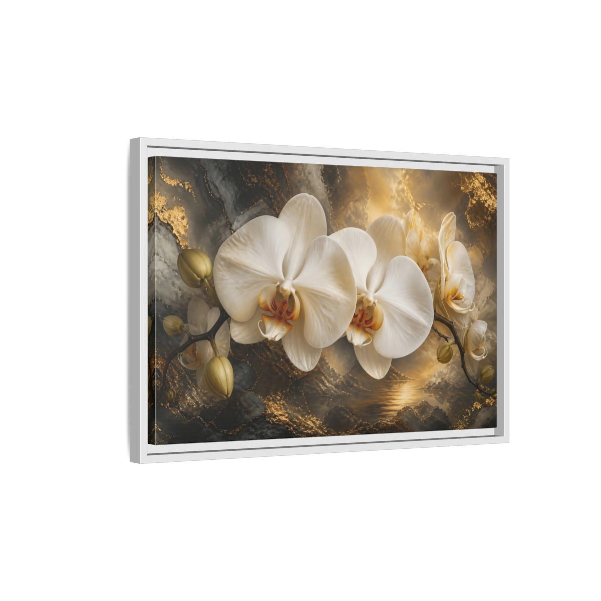 Side Mockup 1. Monumental White Orchid shown as framed canvas print