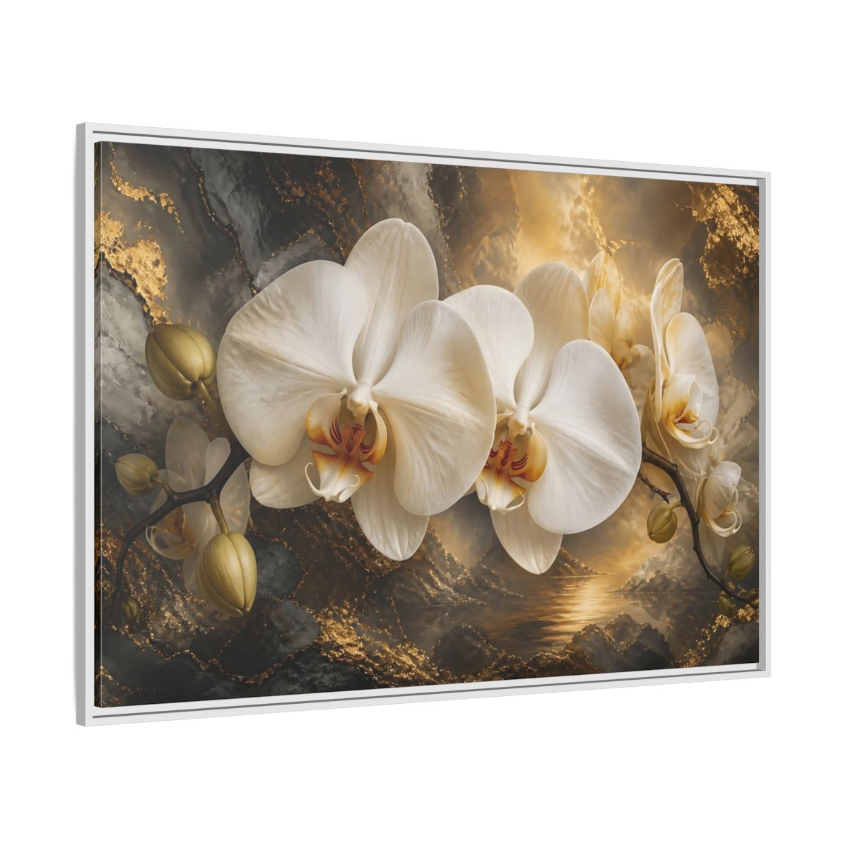 Side Mockup 7. Monumental White Orchid shown as framed canvas print