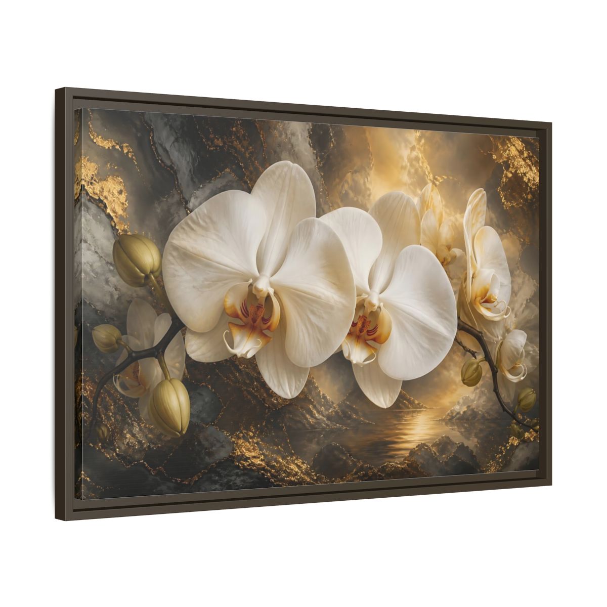 Side Mockup 11. Monumental White Orchid shown as framed canvas print
