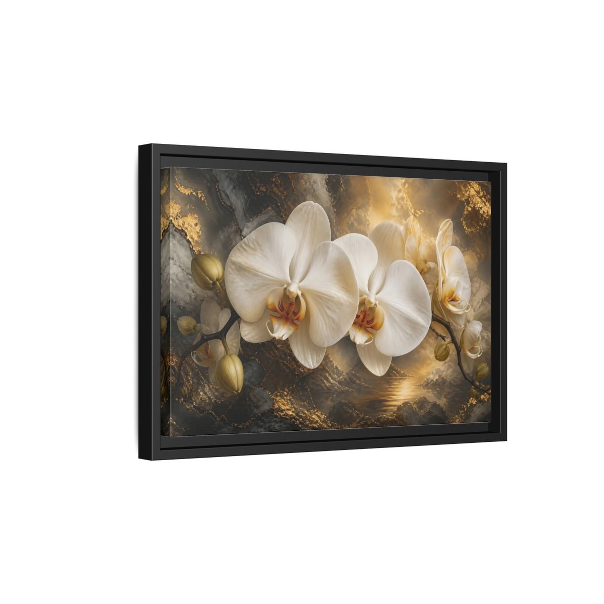 Side Mockup 6. Monumental White Orchid shown as framed canvas print