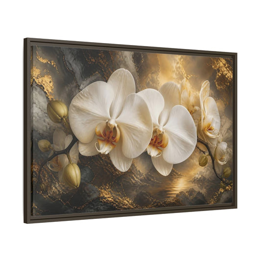 Main Mockup. Monumental White Orchid shown as framed canvas print