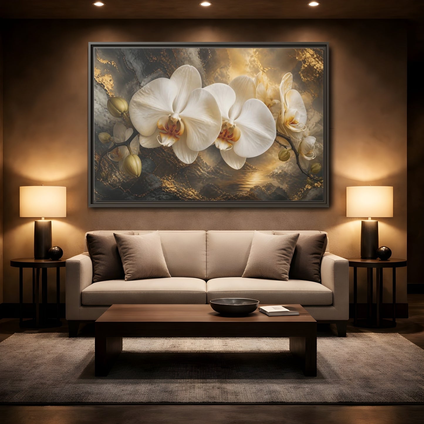 Mockup 2. Monumental White Orchid shown as framed canvas print