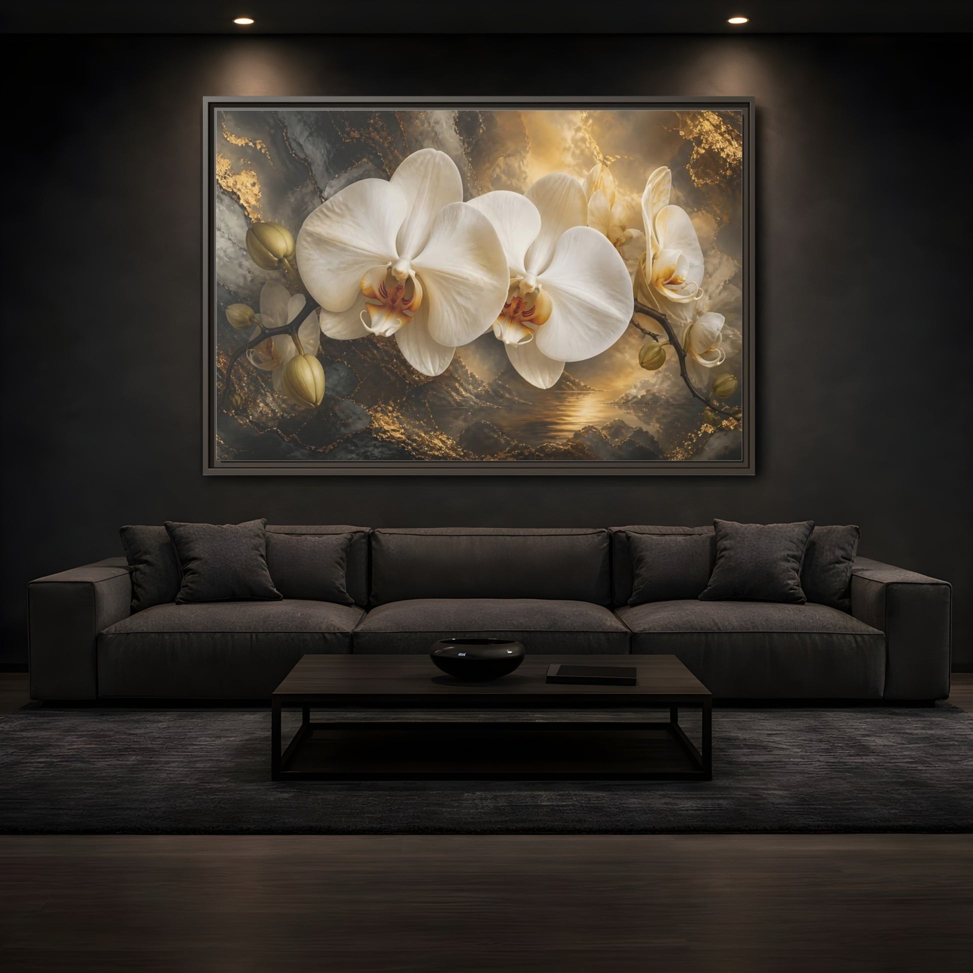 Mockup 3. Monumental White Orchid shown as framed canvas print