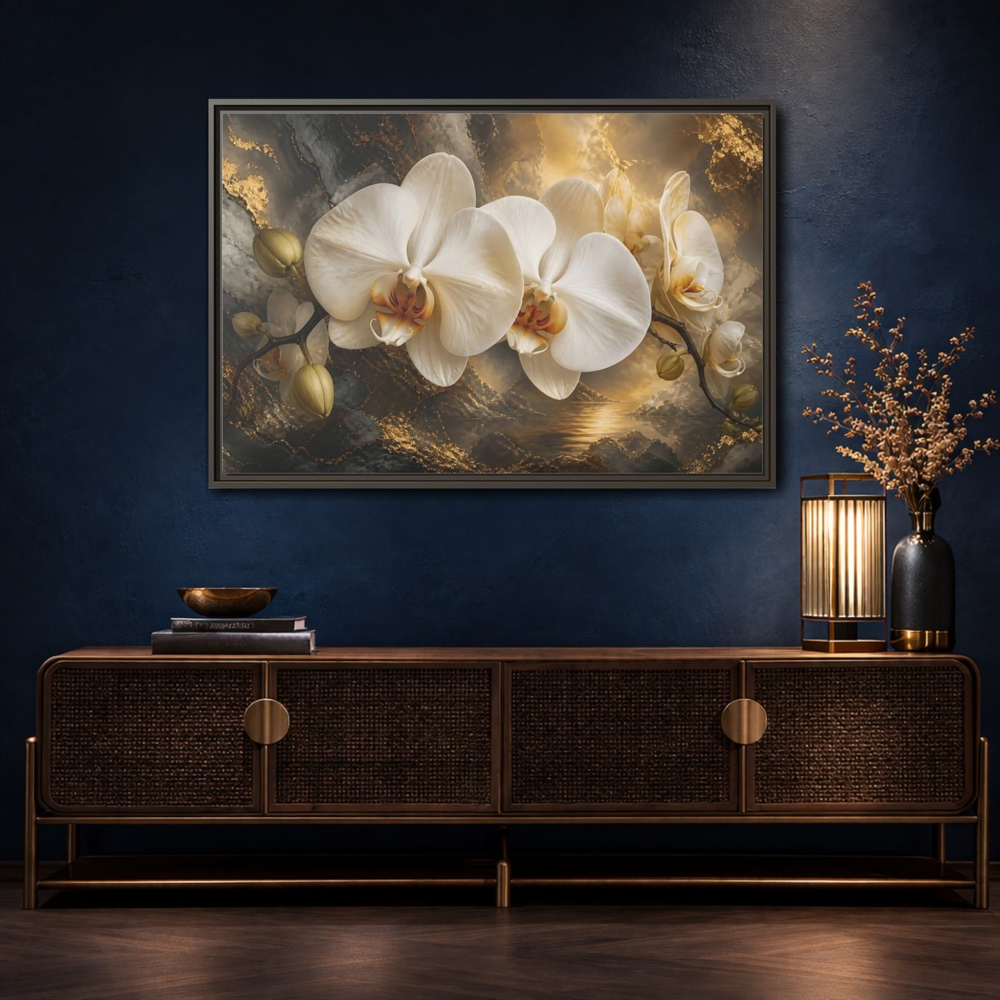 Mockup 4. Monumental White Orchid shown as framed canvas print