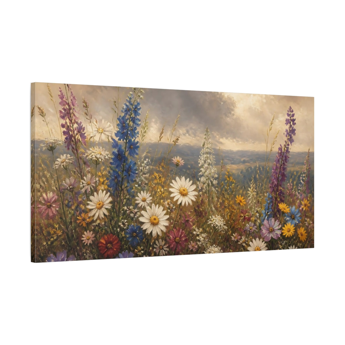 Main Mockup. Moody Wildflower Meadow shown as canvas print