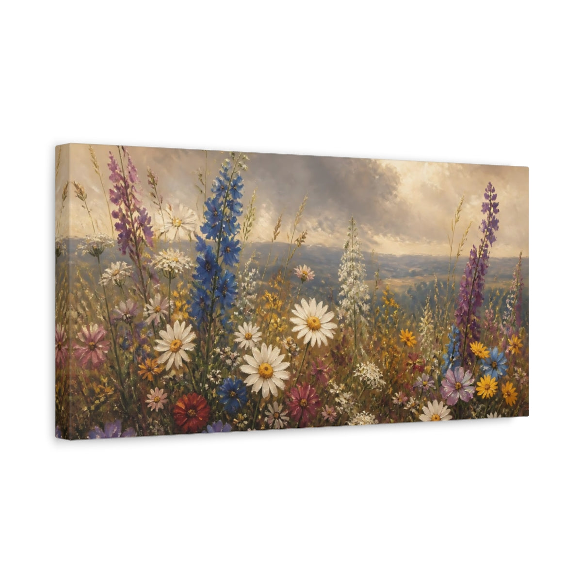 Side Mockup 3. Moody Wildflower Meadow shown as canvas print