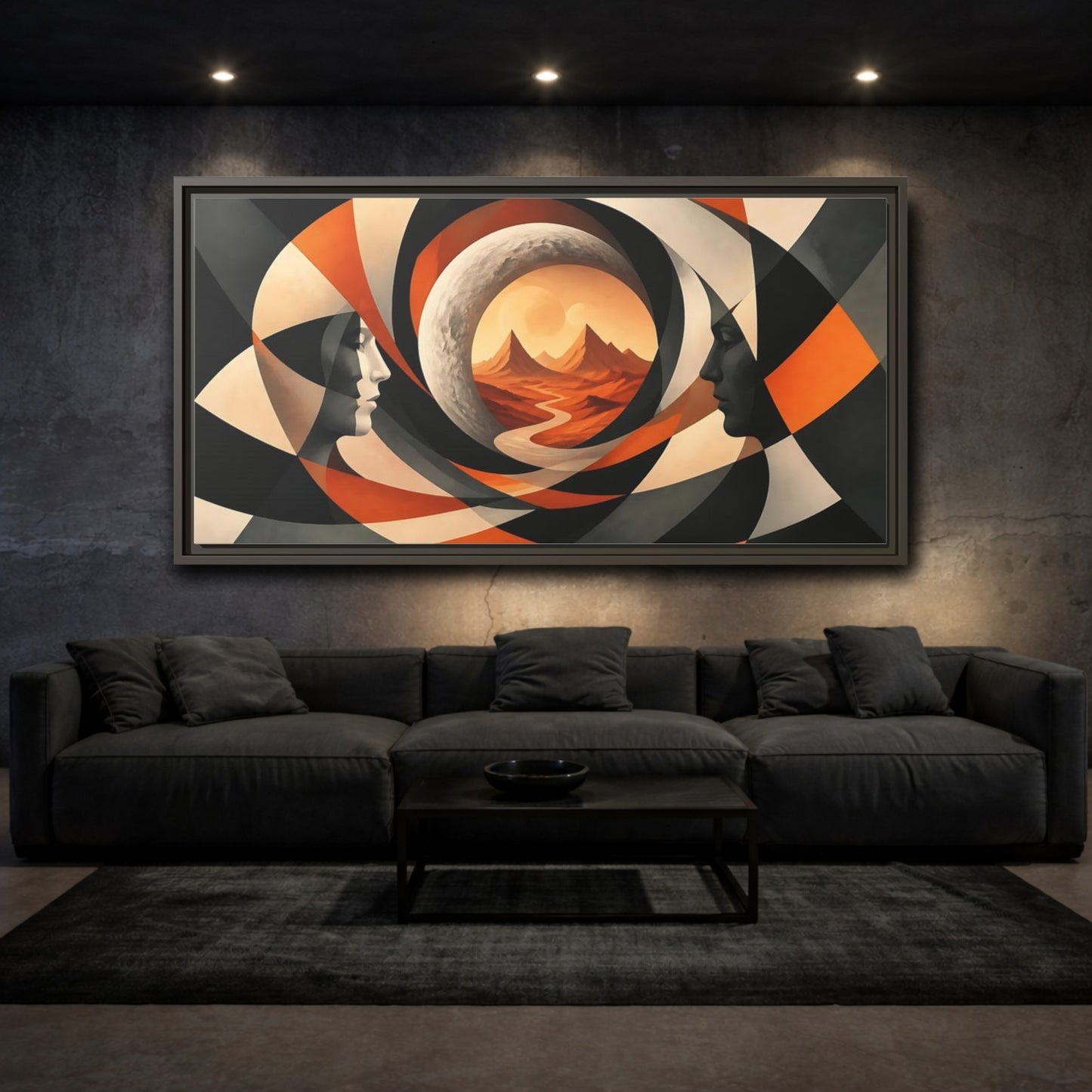 Mockup 3. Moon Illusion Faces shown as framed canvas print