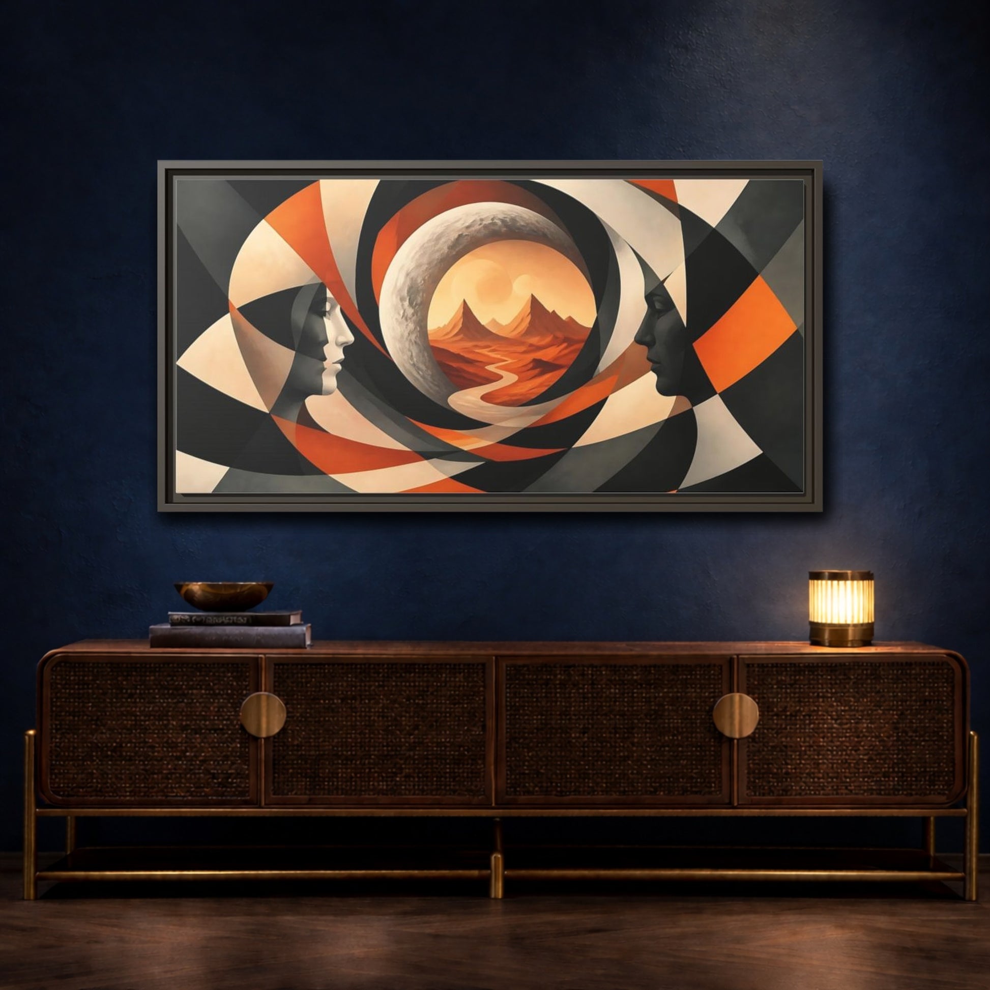 Mockup 4. Moon Illusion Faces shown as framed canvas print