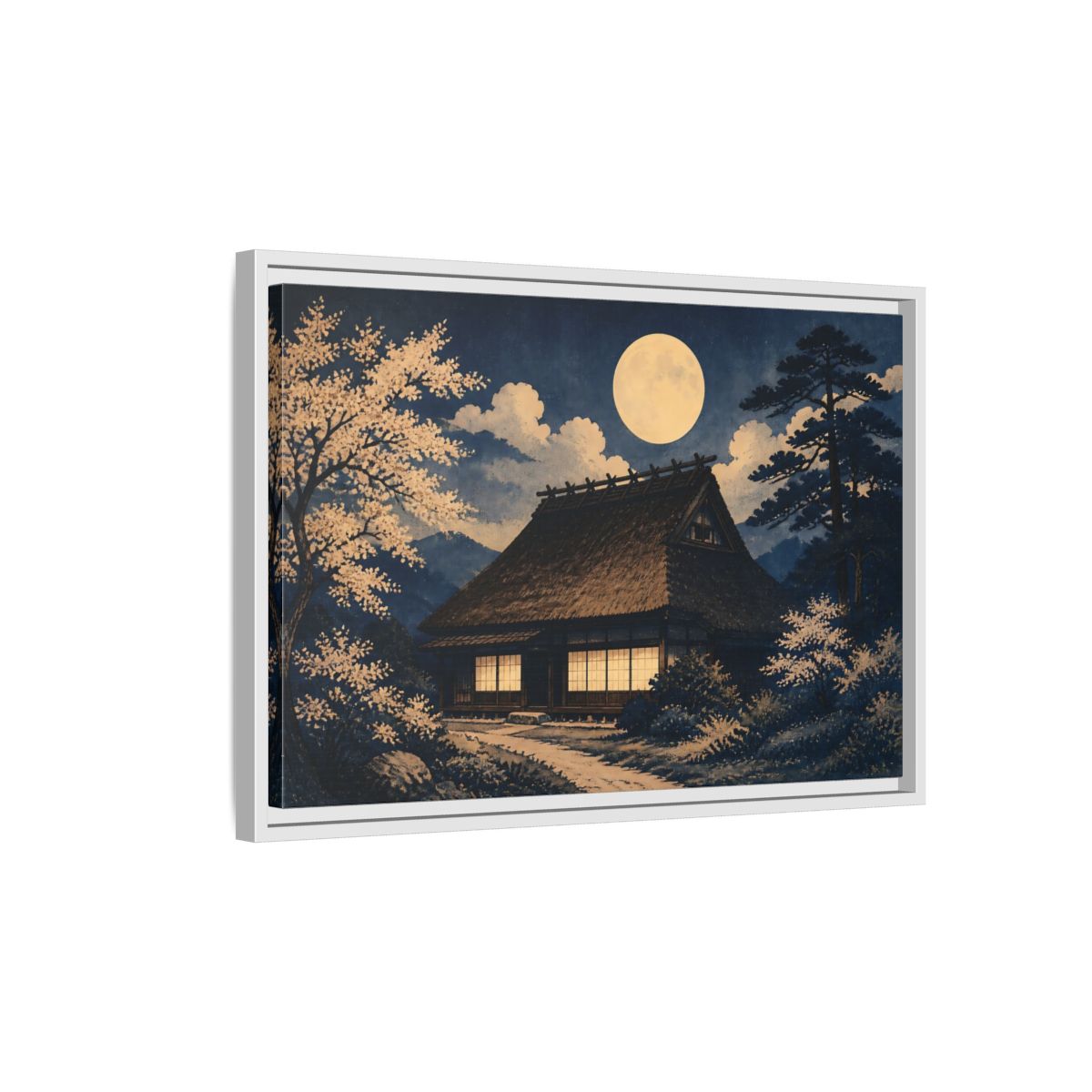 Side Mockup 1. Moon Over Thatched Farmhouse shown as framed canvas print