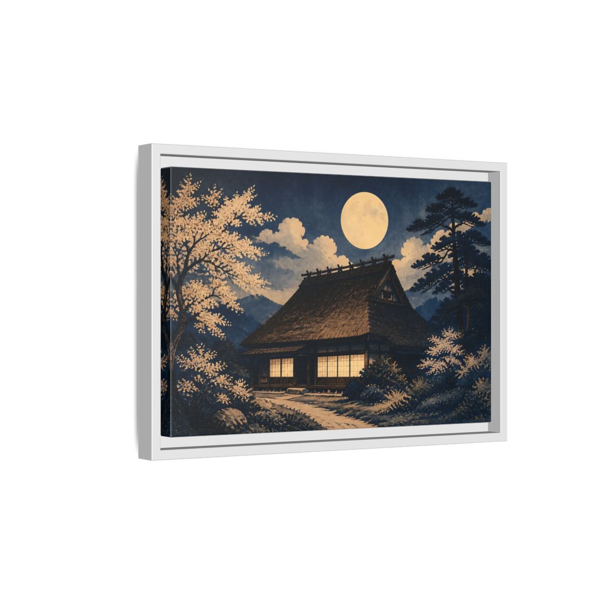 Side Mockup 4. Moon Over Thatched Farmhouse shown as framed canvas print