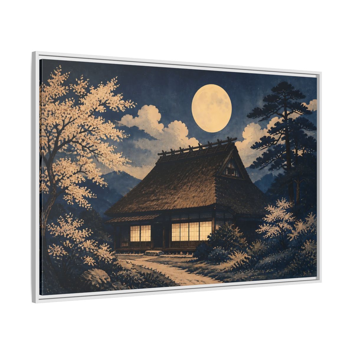 Side Mockup 7. Moon Over Thatched Farmhouse shown as framed canvas print