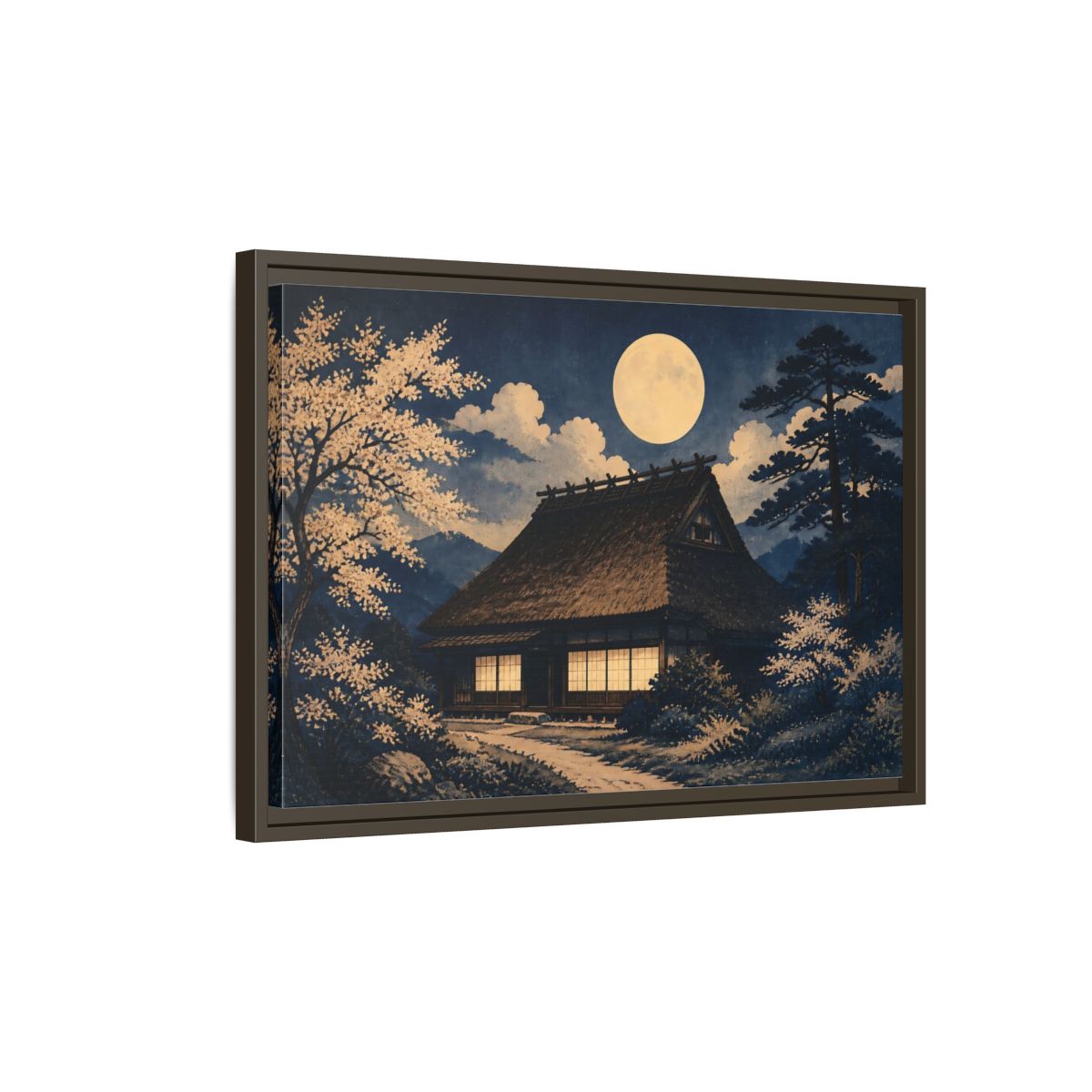 Side Mockup 2. Moon Over Thatched Farmhouse shown as framed canvas print