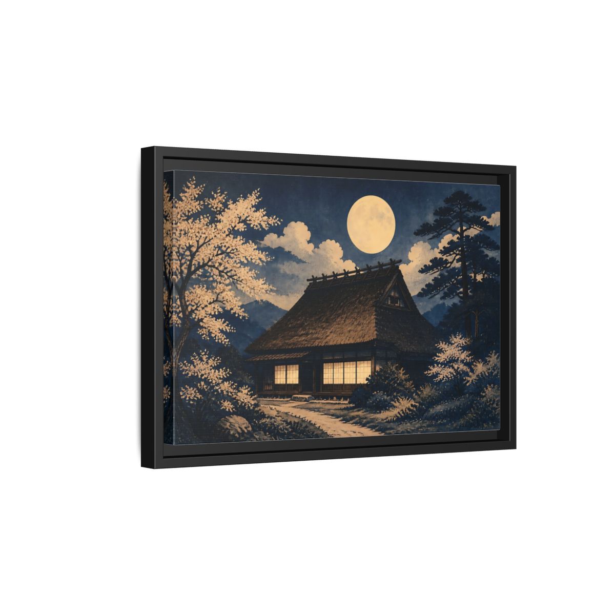 Side Mockup 6. Moon Over Thatched Farmhouse shown as framed canvas print