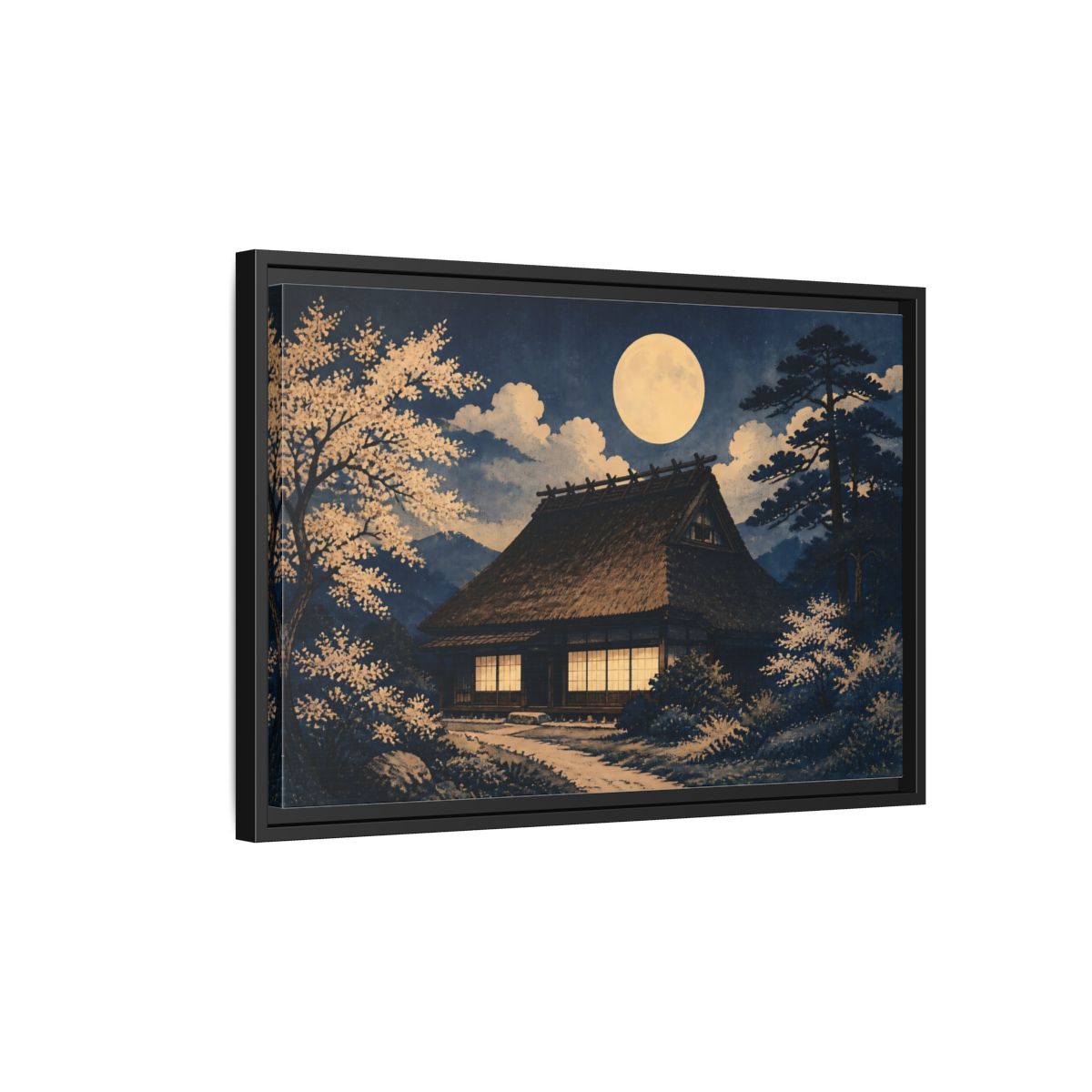 Side Mockup 3. Moon Over Thatched Farmhouse shown as framed canvas print