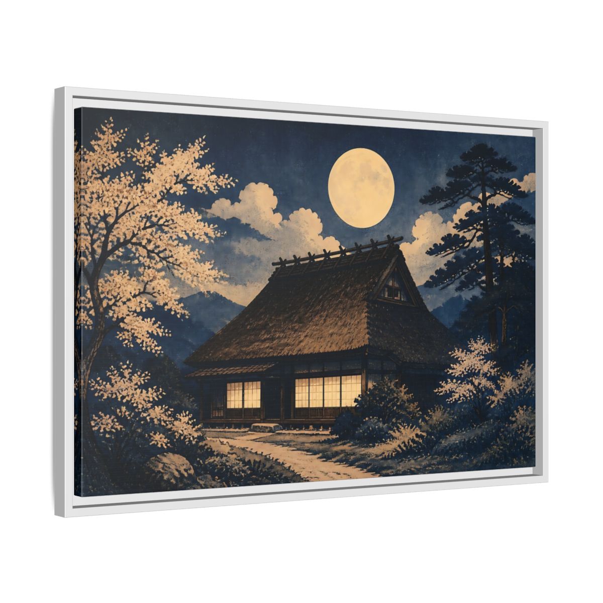 Side Mockup 10. Moon Over Thatched Farmhouse shown as framed canvas print