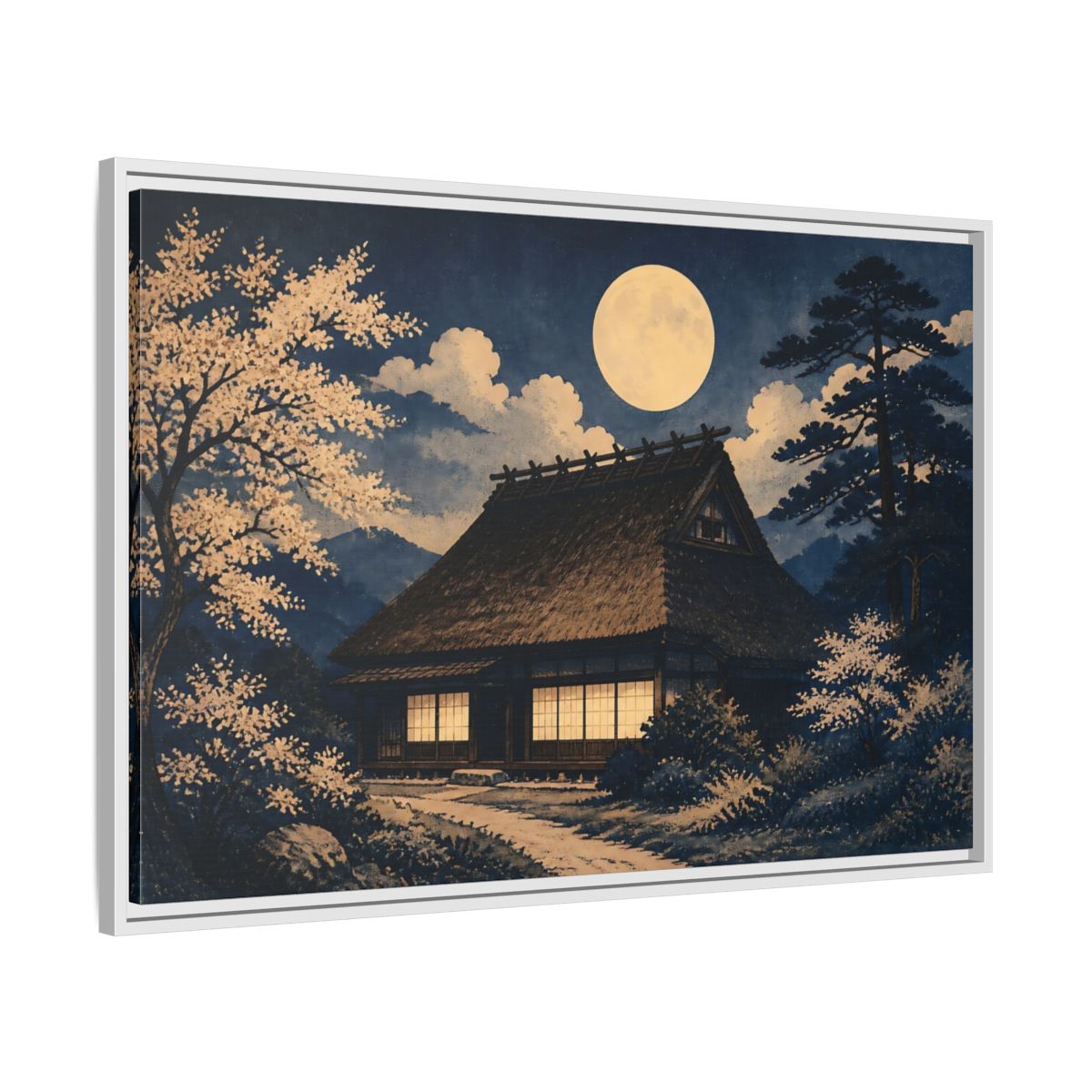 Side Mockup 9. Moon Over Thatched Farmhouse shown as framed canvas print