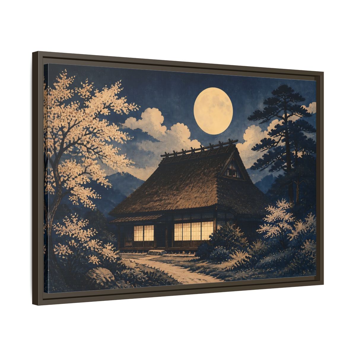 Side Mockup 11. Moon Over Thatched Farmhouse shown as framed canvas print