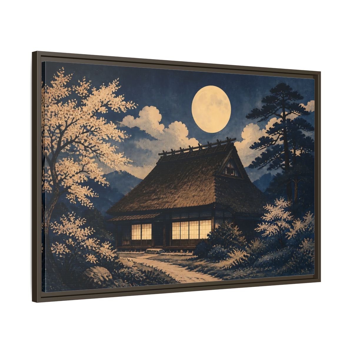Main Mockup. Moon Over Thatched Farmhouse shown as framed canvas print