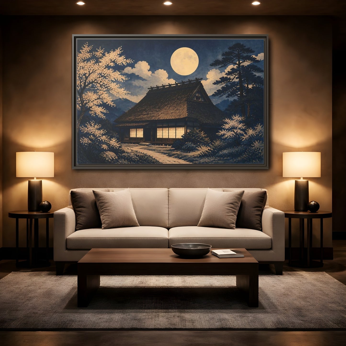 Mockup 2. Moon Over Thatched Farmhouse shown as framed canvas print