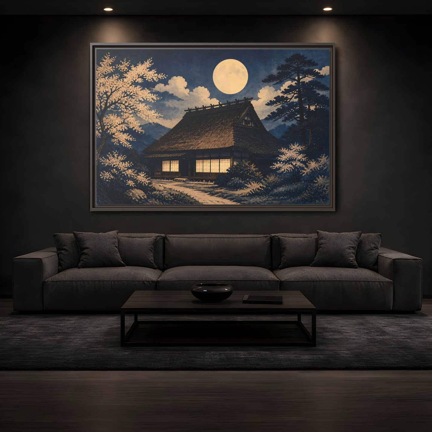 Mockup 3. Moon Over Thatched Farmhouse shown as framed canvas print