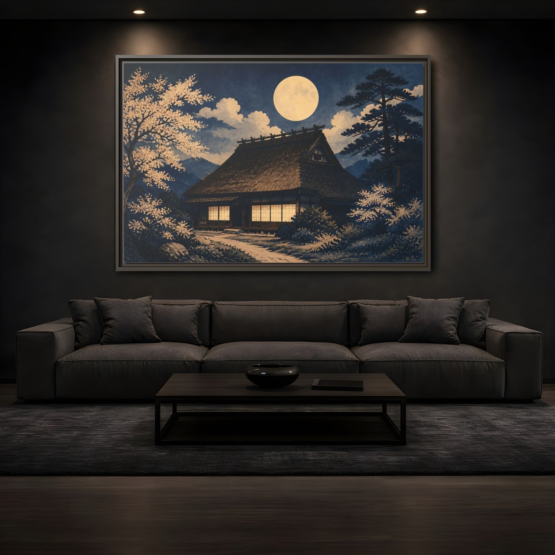 Mockup 3. Moon Over Thatched Farmhouse shown as framed canvas print