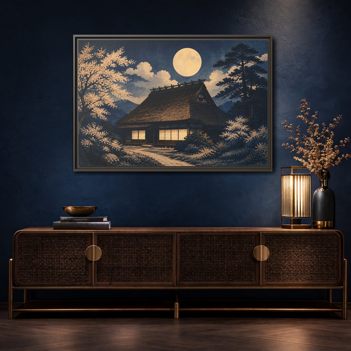 Mockup 4. Moon Over Thatched Farmhouse shown as framed canvas print