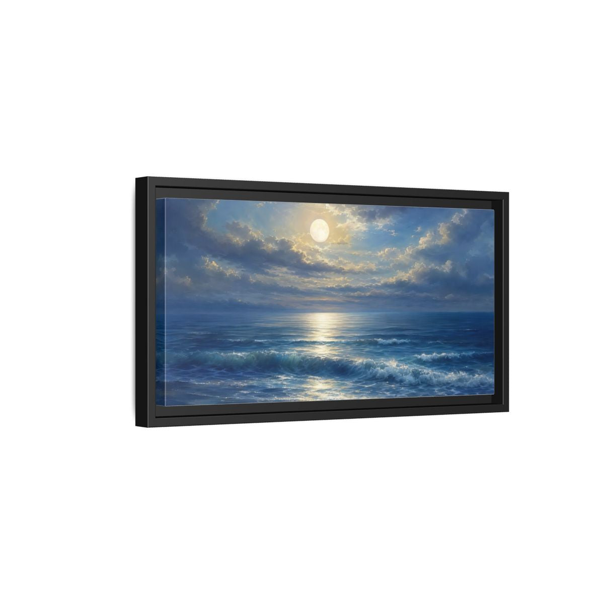 Side Mockup 8. Moonlight Over Calm Sea shown as framed canvas print