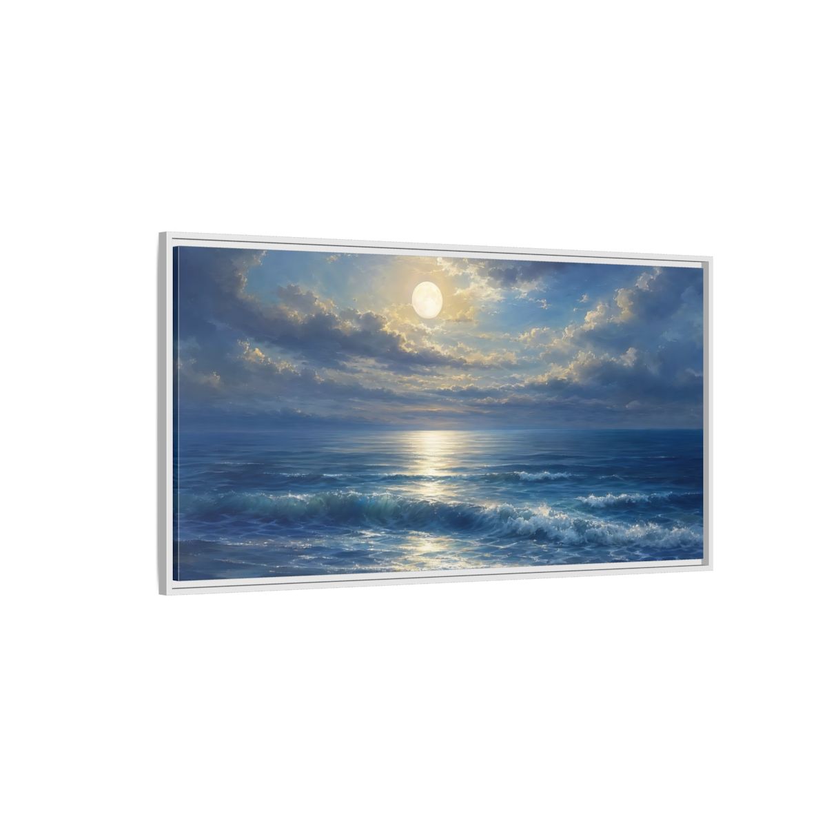 Side Mockup 3. Moonlight Over Calm Sea shown as framed canvas print