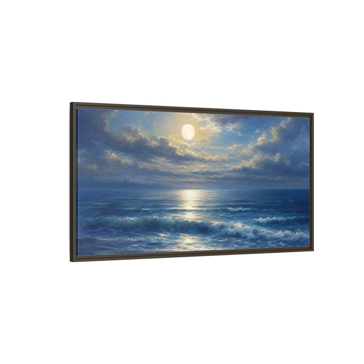 Side Mockup 4. Moonlight Over Calm Sea shown as framed canvas print