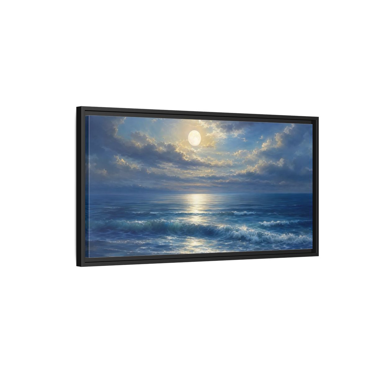 Side Mockup 2. Moonlight Over Calm Sea shown as framed canvas print