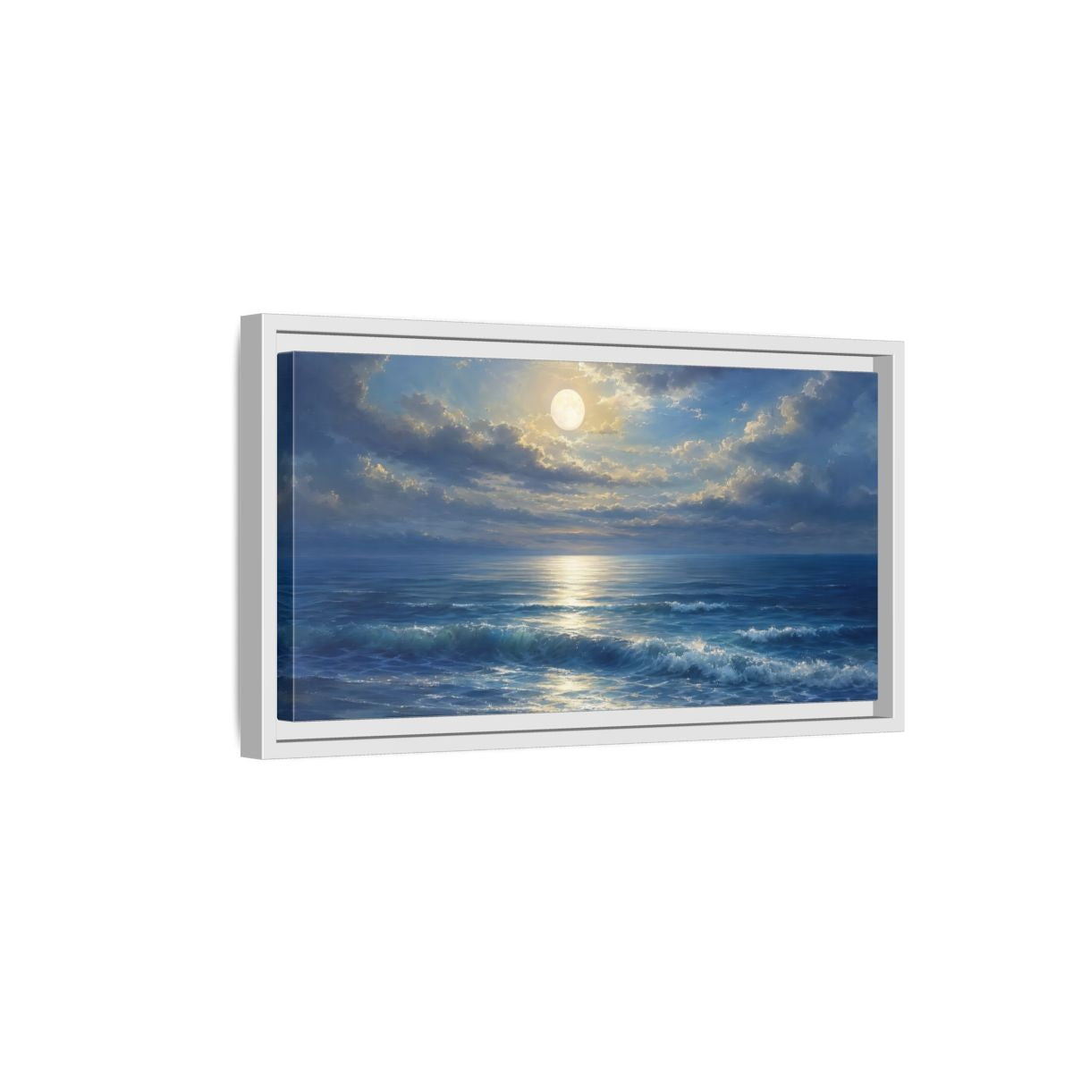 Side Mockup 6. Moonlight Over Calm Sea shown as framed canvas print