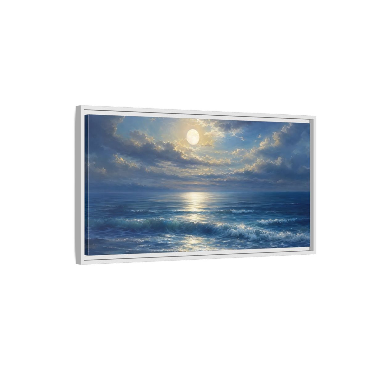Side Mockup 1. Moonlight Over Calm Sea shown as framed canvas print