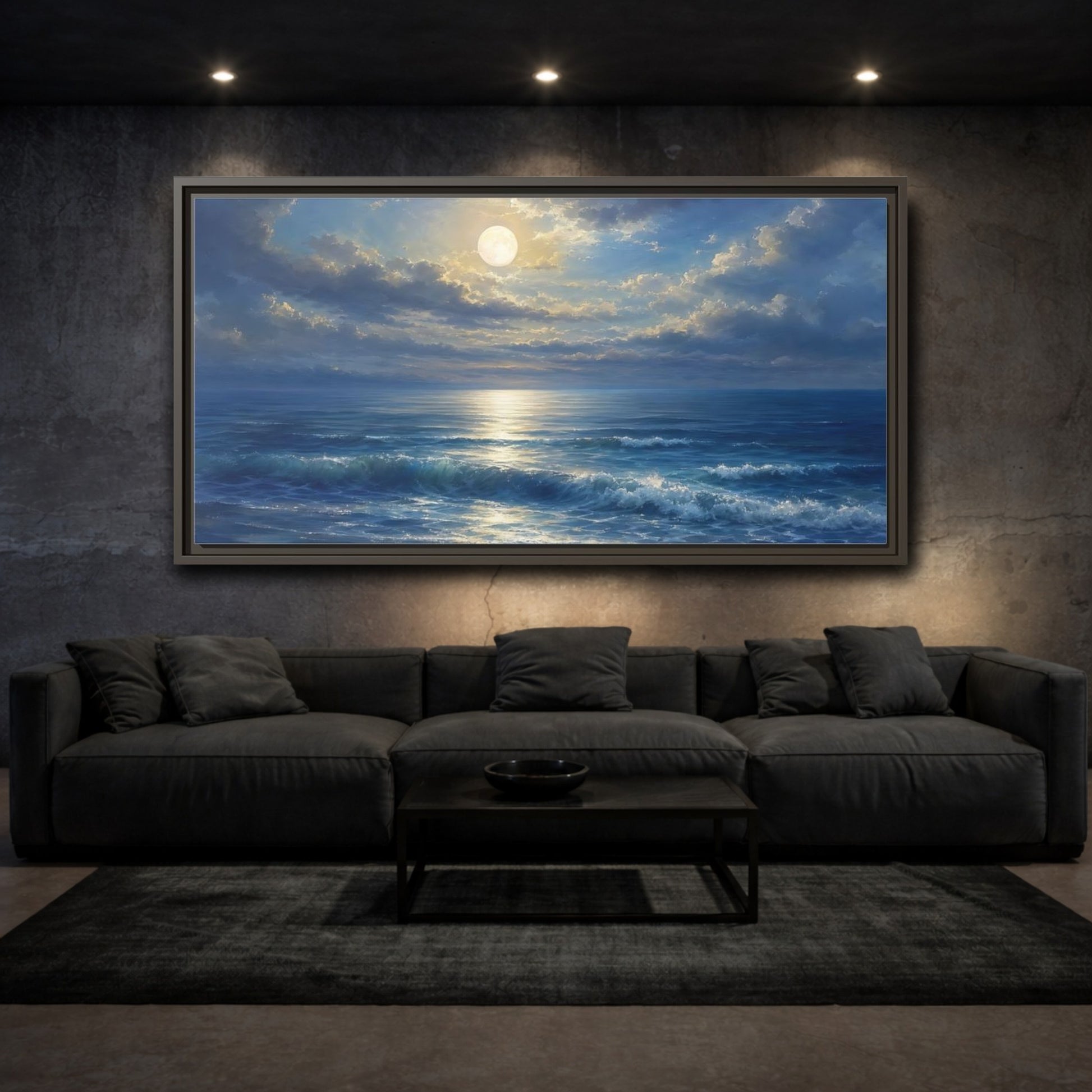 Mockup 3. Moonlight Over Calm Sea shown as framed canvas print