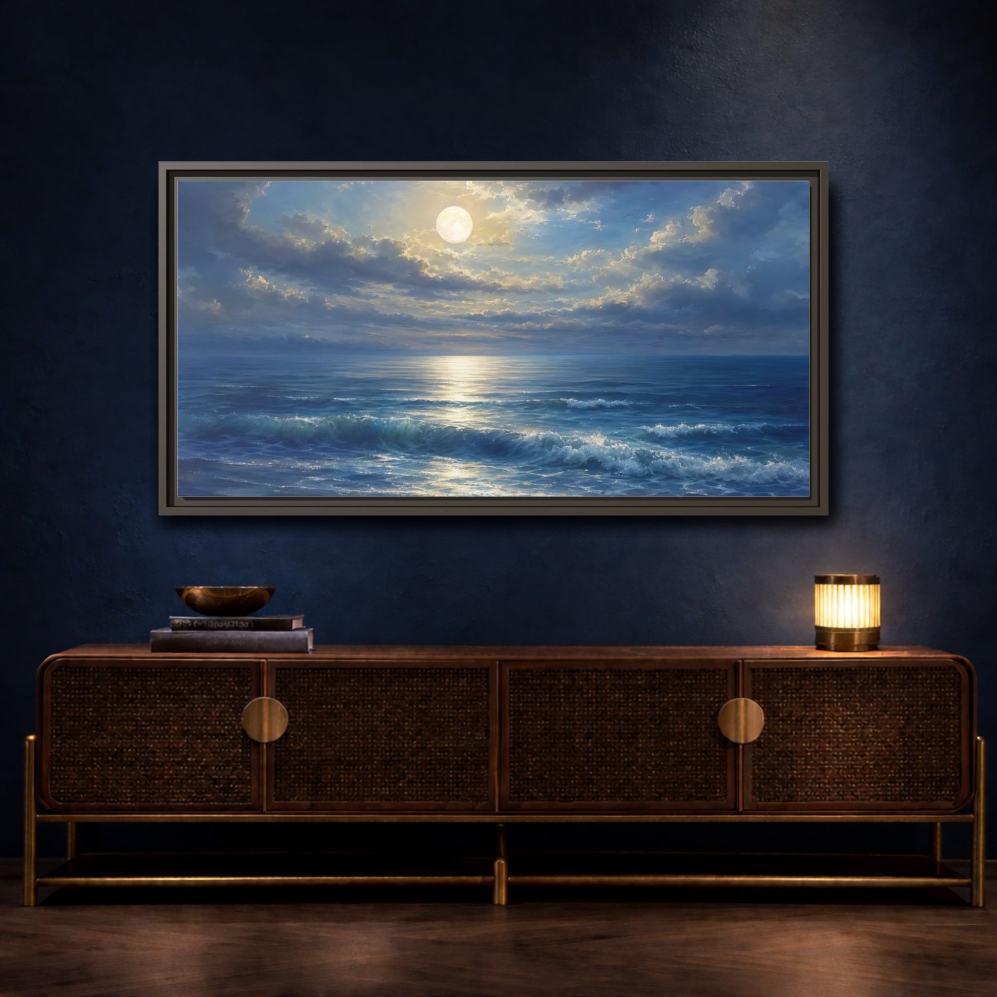 Mockup 4. Moonlight Over Calm Sea shown as framed canvas print