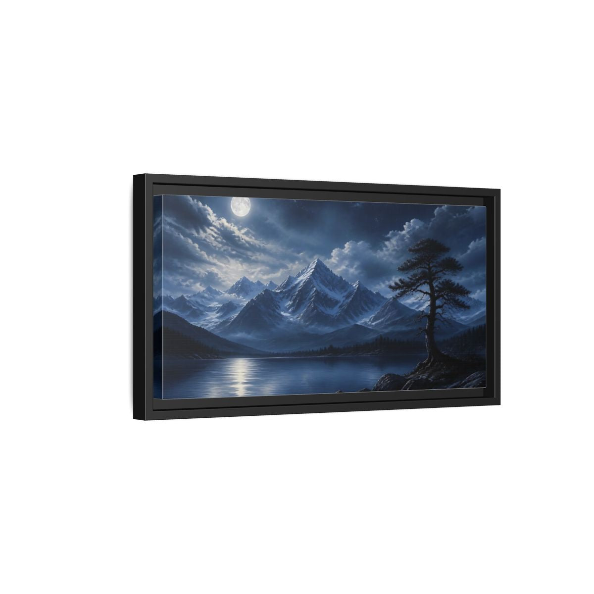 Side Mockup 8. Moonlit Alpine Lake shown as framed canvas print