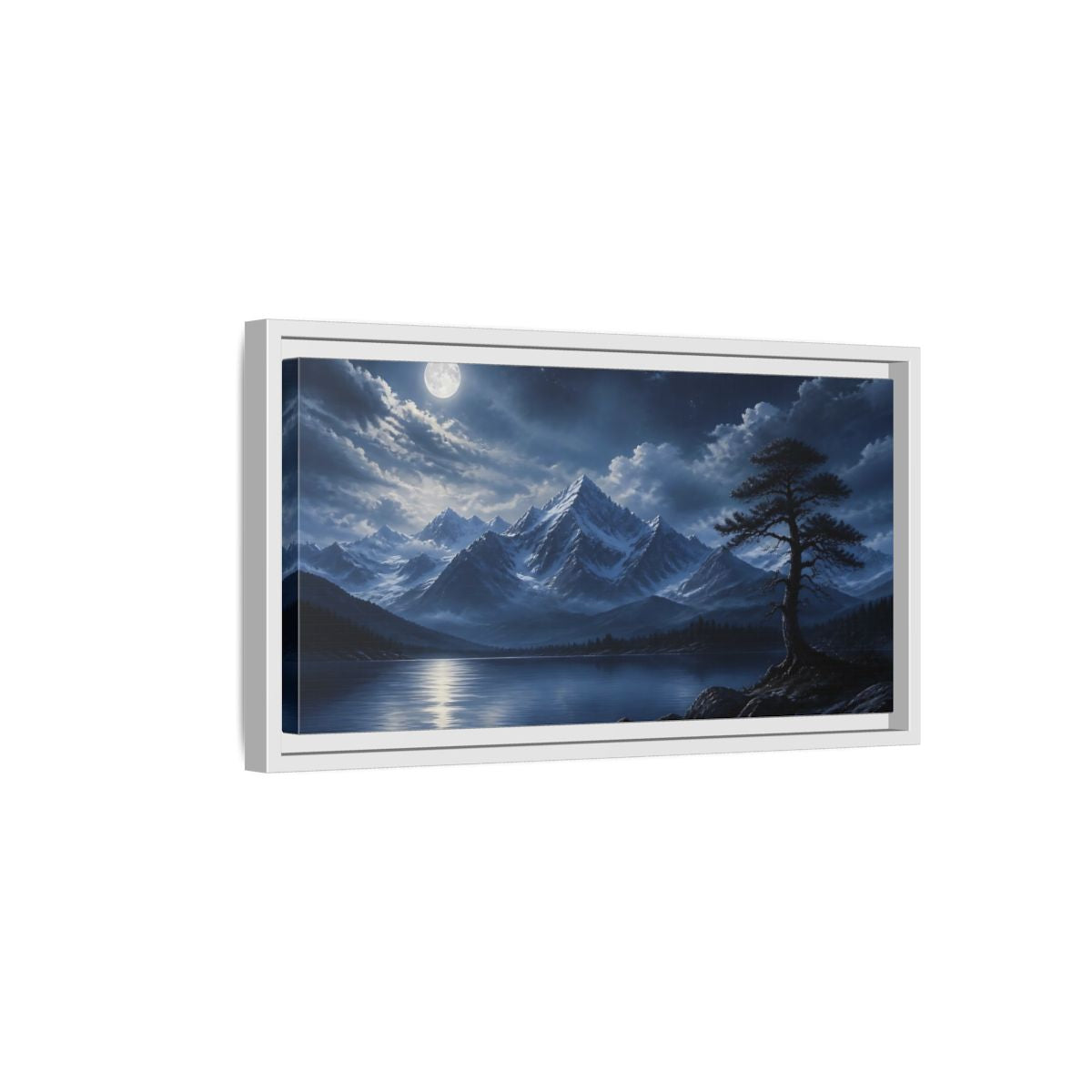 Side Mockup 6. Moonlit Alpine Lake shown as framed canvas print