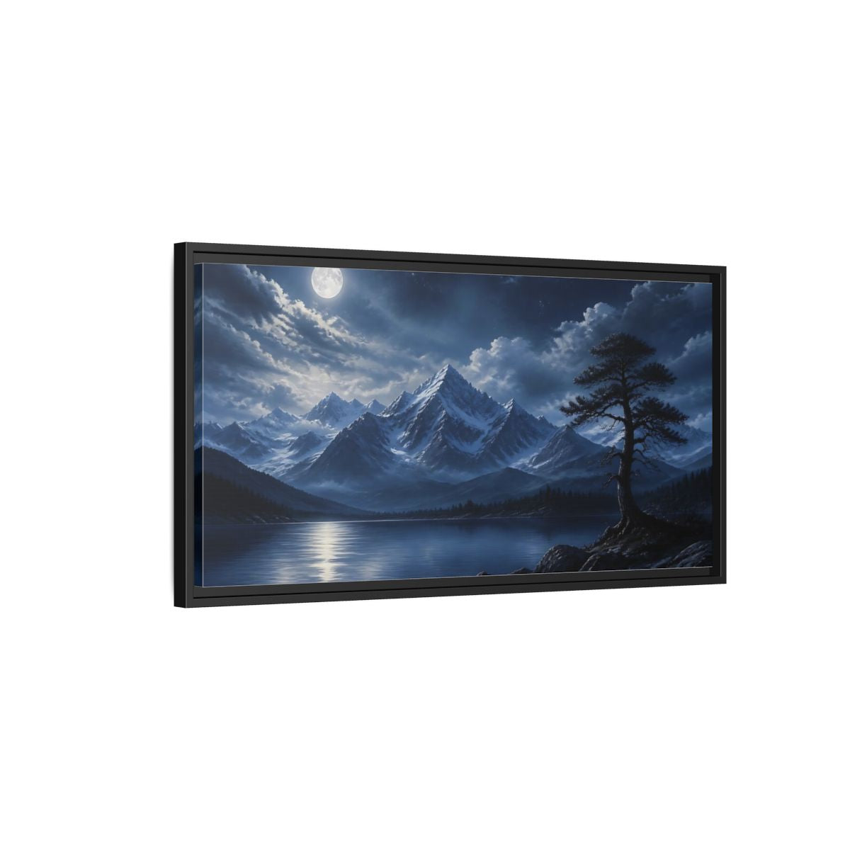 Side Mockup 2. Moonlit Alpine Lake shown as framed canvas print