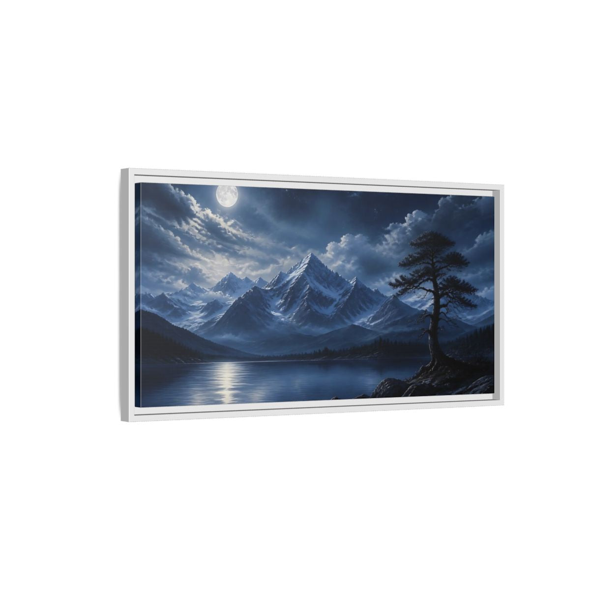 Side Mockup 1. Moonlit Alpine Lake shown as framed canvas print