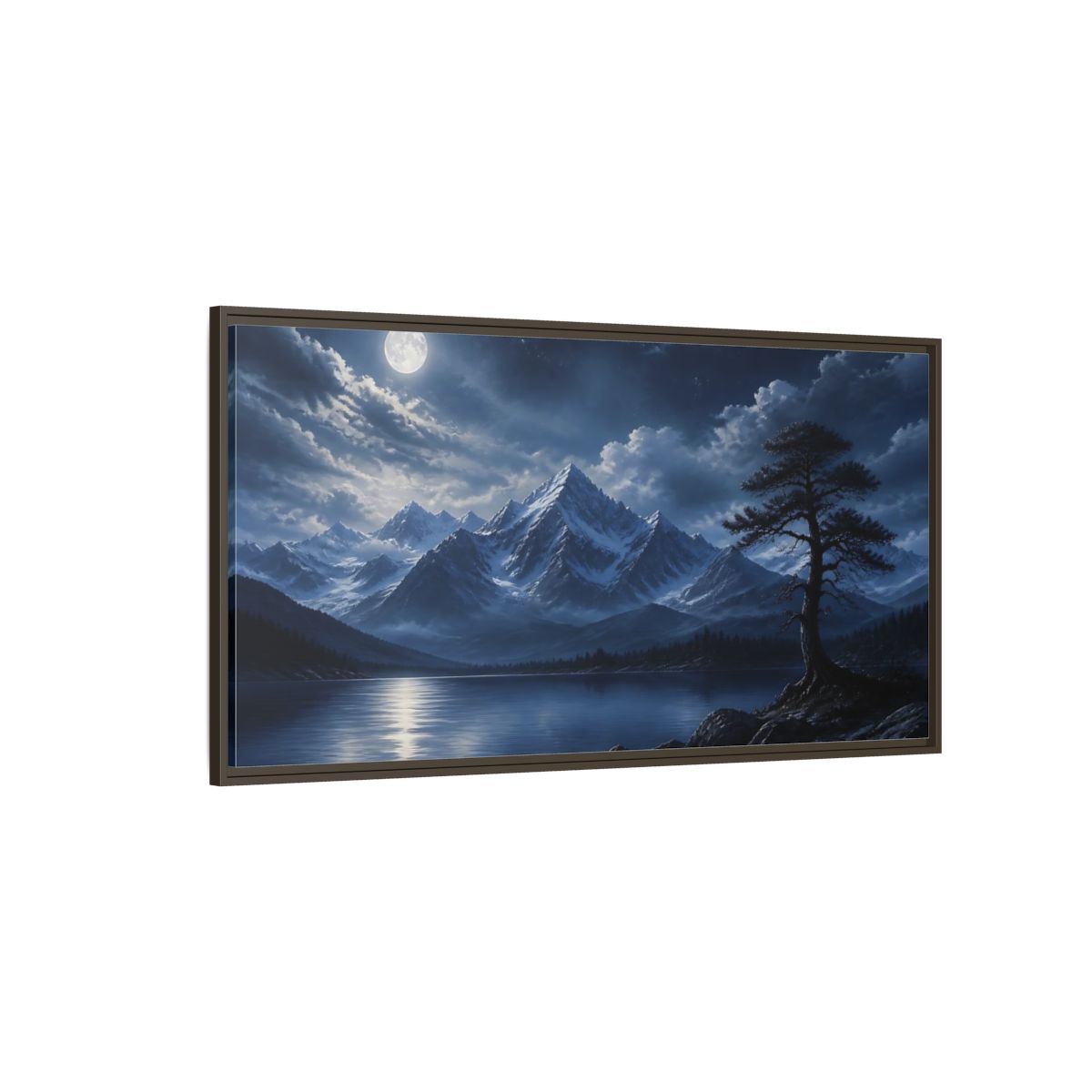 Side Mockup 4. Moonlit Alpine Lake shown as framed canvas print