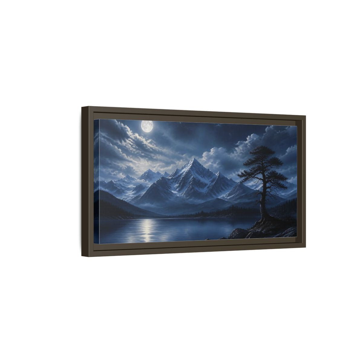 Side Mockup 7. Moonlit Alpine Lake shown as framed canvas print