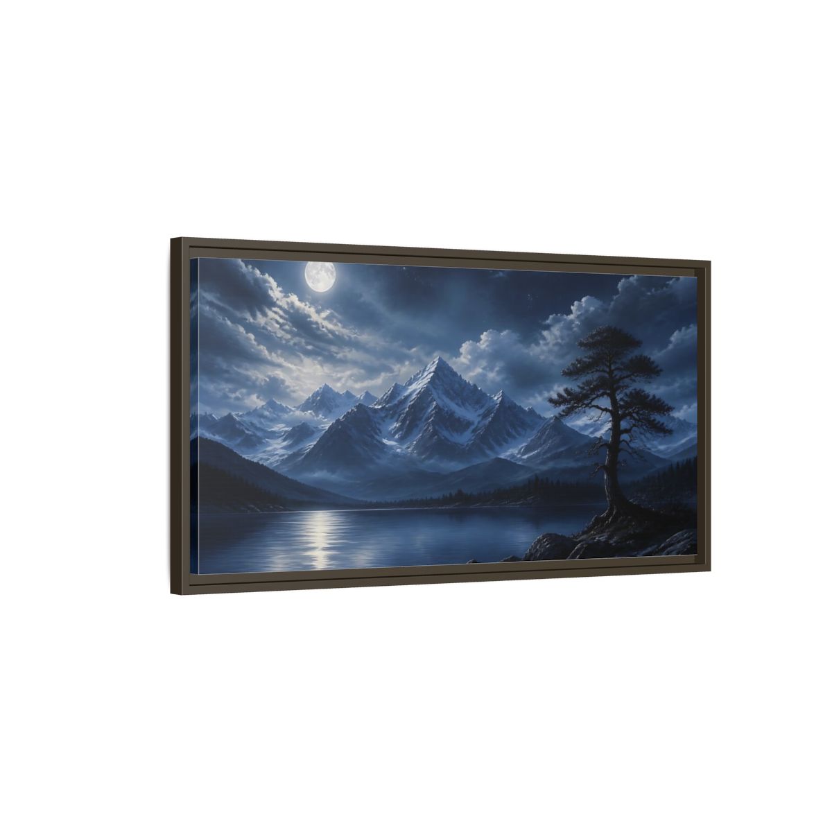 Main Mockup. Moonlit Alpine Lake shown as framed canvas print
