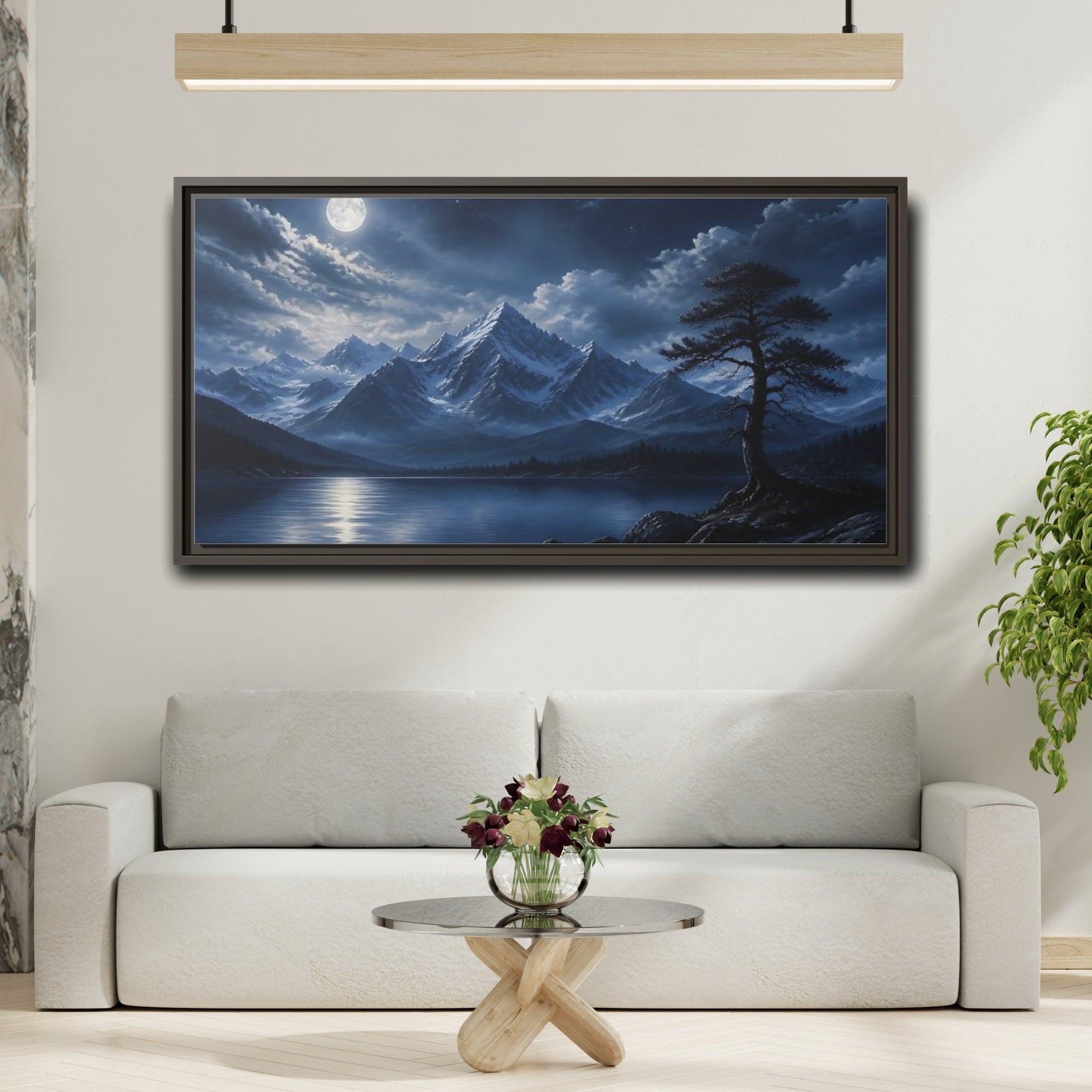 Mockup 2. Moonlit Alpine Lake shown as framed canvas print