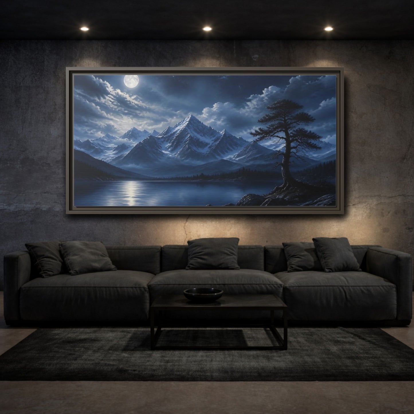 Mockup 3. Moonlit Alpine Lake shown as framed canvas print