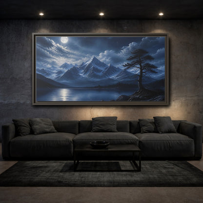 Mockup 3. Moonlit Alpine Lake shown as framed canvas print
