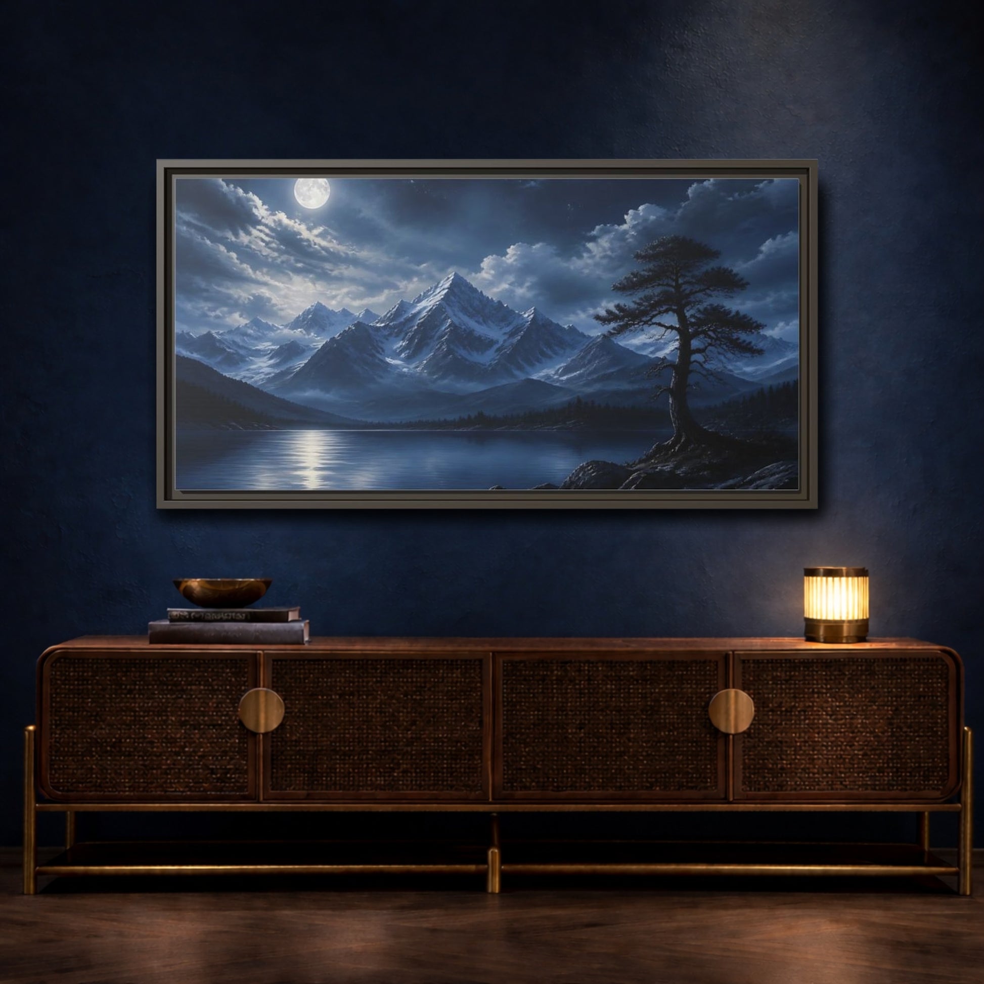 Mockup 4. Moonlit Alpine Lake shown as framed canvas print