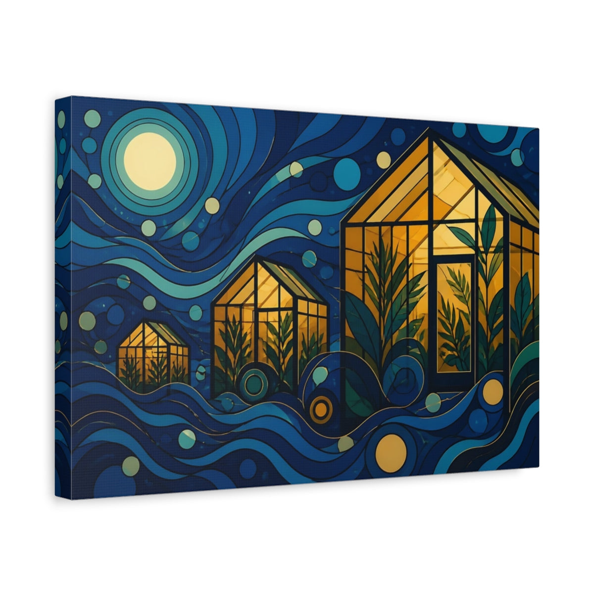 Side Mockup 4. Moonlit Amber Greenhouses shown as canvas print