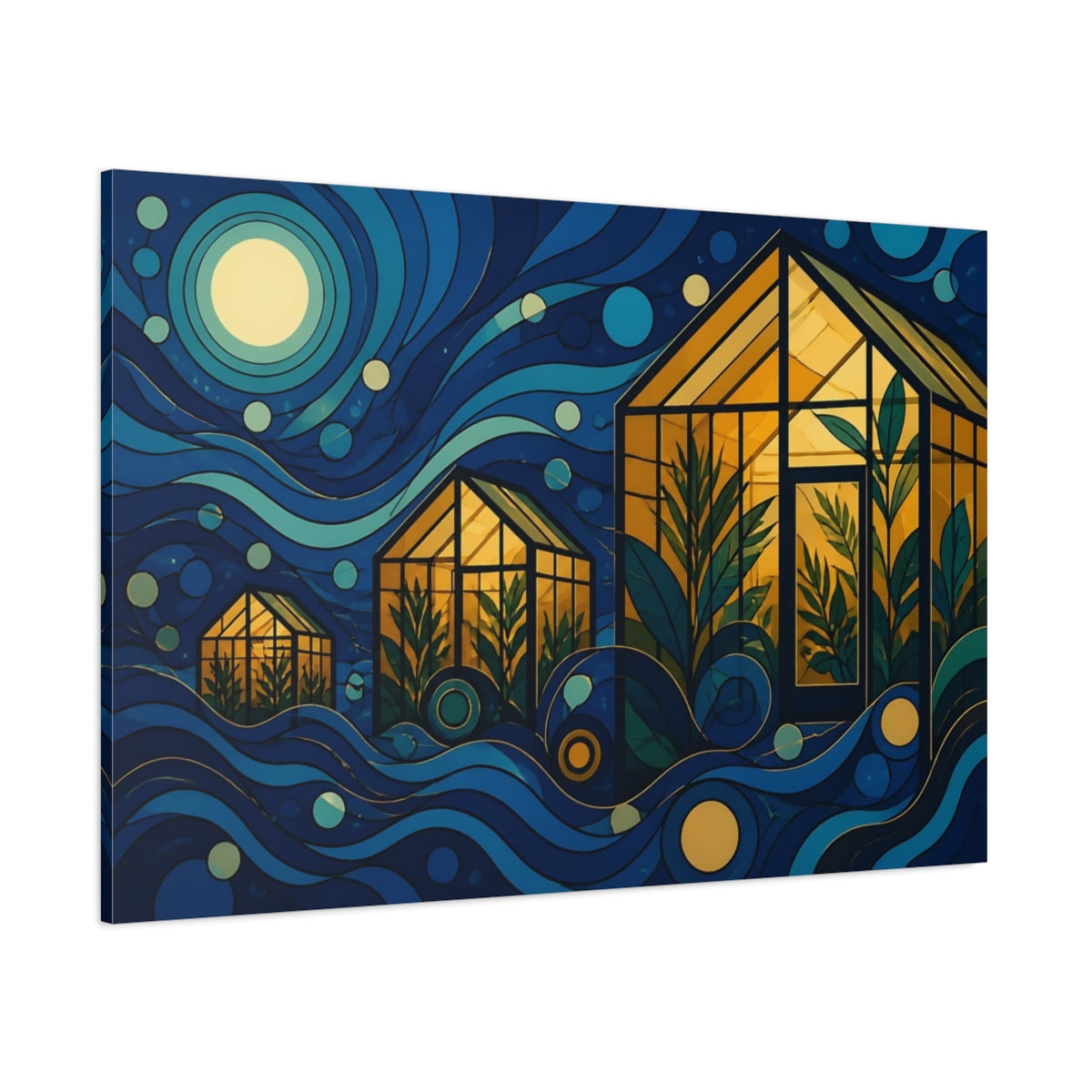 Side Mockup 1. Moonlit Amber Greenhouses shown as canvas print