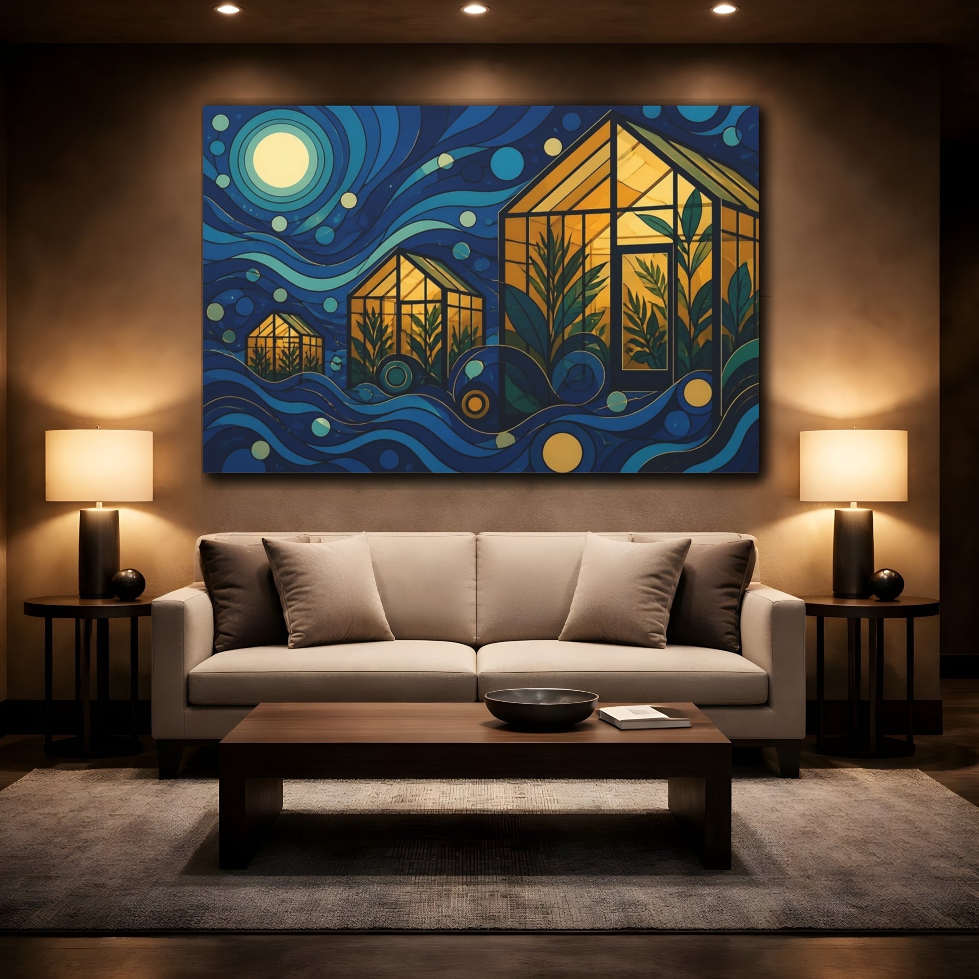 Mockup 2. Moonlit Amber Greenhouses shown as canvas print